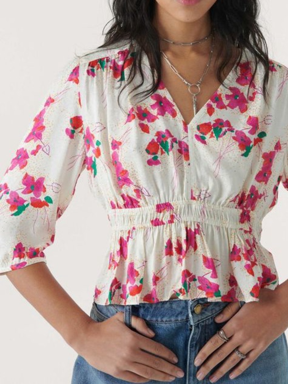 BA&SH
EDON TOP - ECRU  Floral Smocked Waist V-Neck Peplum Top - cream/Pink Sz 1